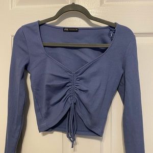 Zara blue long sleeve ruched crop top. Size medium